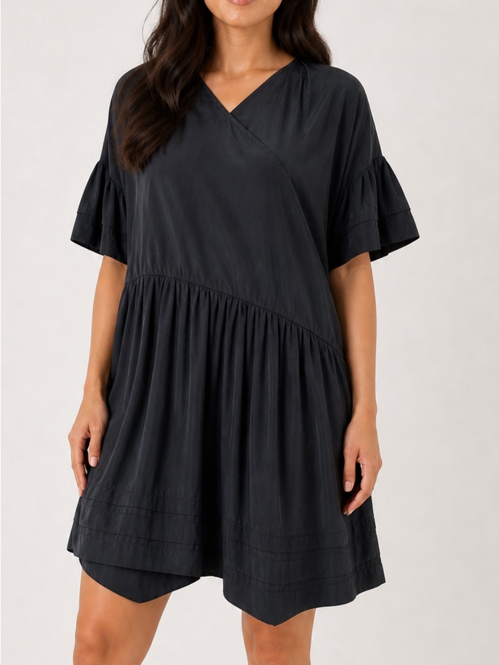 CECILIE BAHNSEN Black Wrap Dress Short Sleeve Ruffled V neck Mini XS S